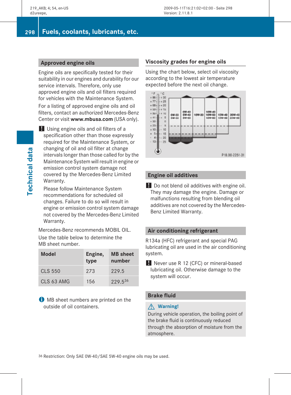 Approved engine oils, Engine oil additives, Air conditioning refrigerant | Brake fluid, Technical data, Fuels, coolants, lubricants, etc | Mercedes-Benz CLS-Class 2010 Owners Manual User Manual | Page 300 / 308
