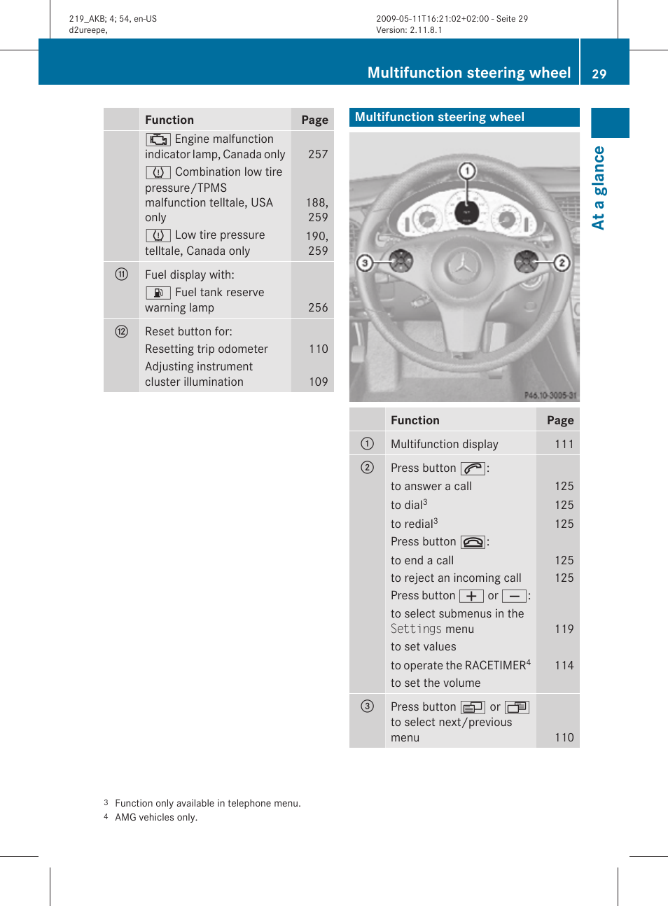 Multifunction steering wheel, At a glance | Mercedes-Benz CLS-Class 2010 Owners Manual User Manual | Page 31 / 308