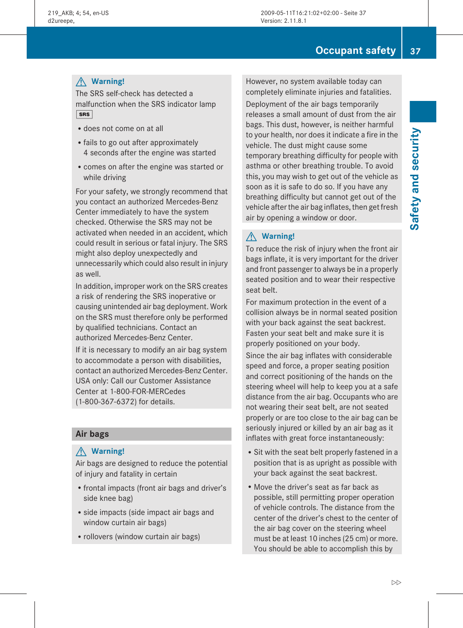Air bags, Safety and security, Occupant safety | Mercedes-Benz CLS-Class 2010 Owners Manual User Manual | Page 39 / 308