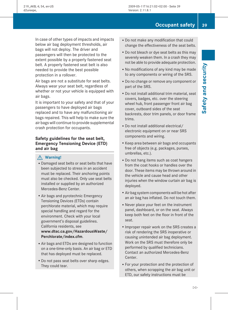 Safety and security, Occupant safety | Mercedes-Benz CLS-Class 2010 Owners Manual User Manual | Page 41 / 308