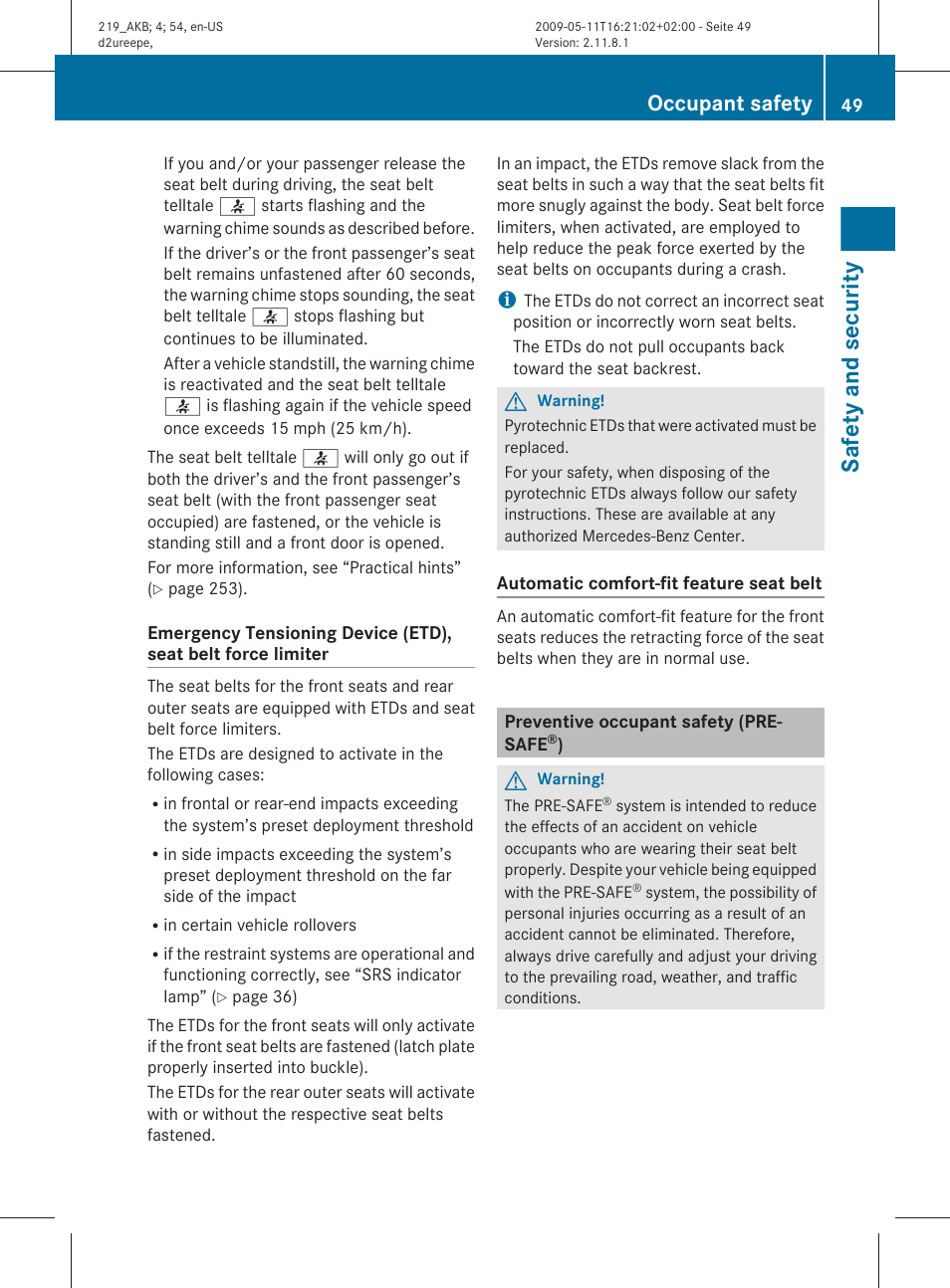 Preventive occupant safety (pre-safe®), Safety and security, Occupant safety | Mercedes-Benz CLS-Class 2010 Owners Manual User Manual | Page 51 / 308