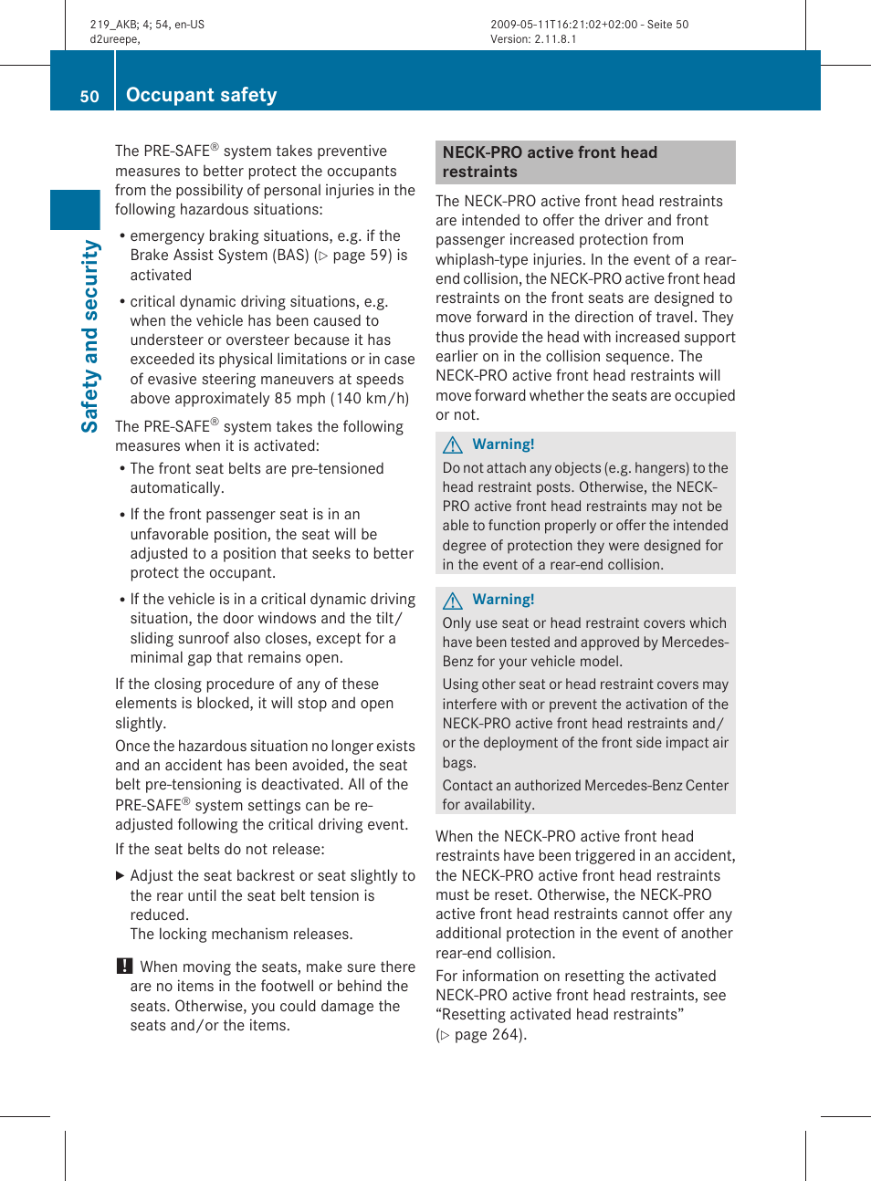 Neck-pro active front head restraints, Safety and security, Occupant safety | Mercedes-Benz CLS-Class 2010 Owners Manual User Manual | Page 52 / 308