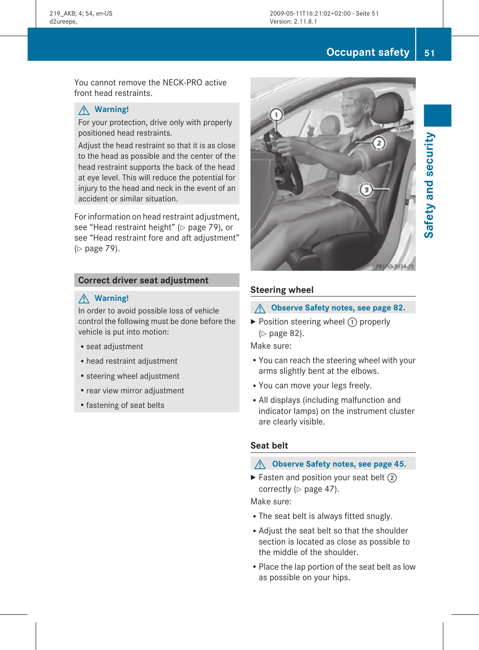 Correct driver seat adjustment, Safety and security, Occupant safety | Mercedes-Benz CLS-Class 2010 Owners Manual User Manual | Page 53 / 308