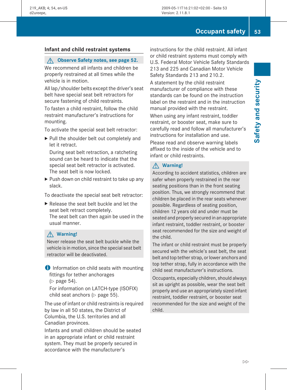 Safety and security, Occupant safety | Mercedes-Benz CLS-Class 2010 Owners Manual User Manual | Page 55 / 308