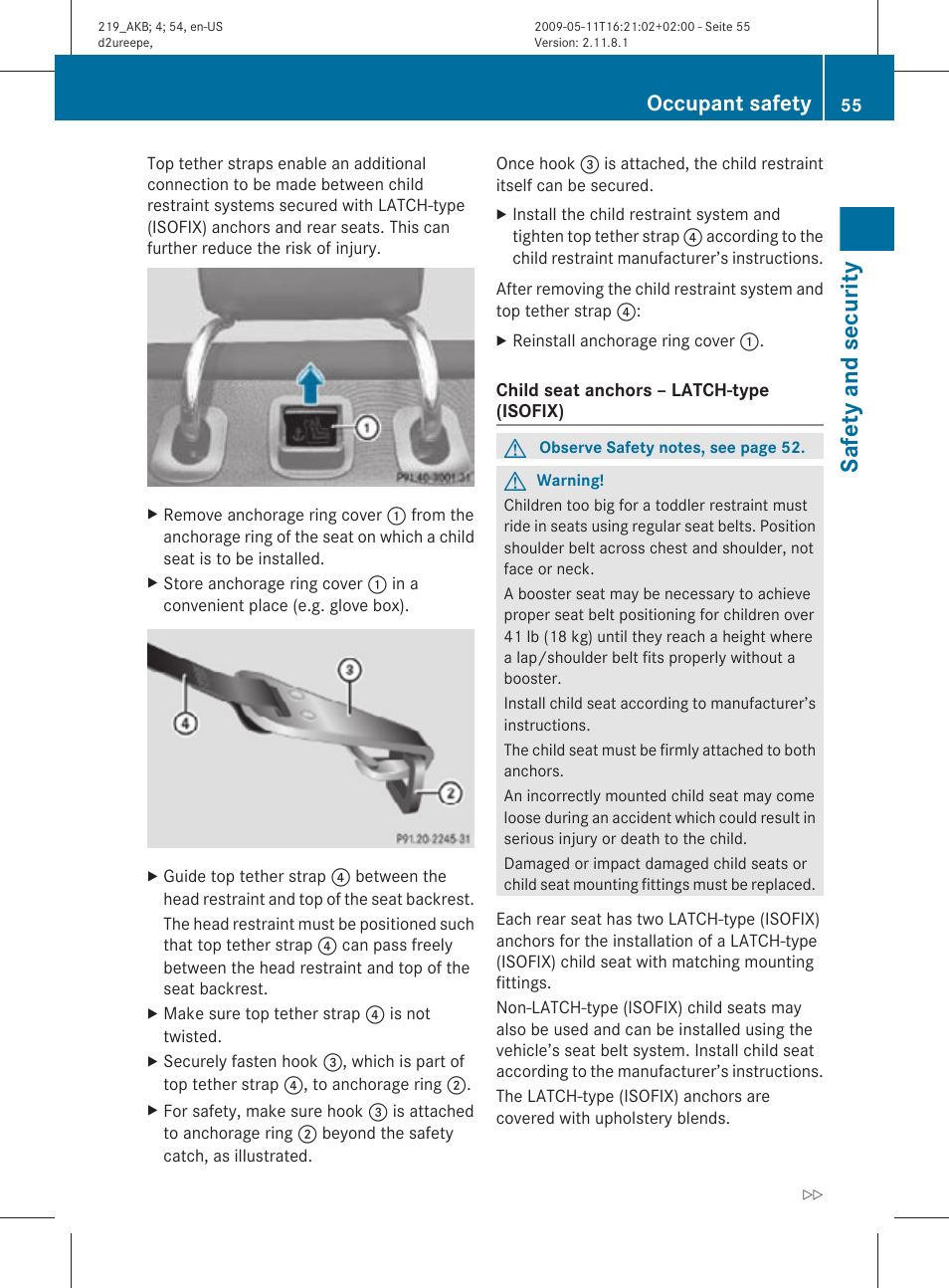 Child seat anchors, Safety and security, Occupant safety | Mercedes-Benz CLS-Class 2010 Owners Manual User Manual | Page 57 / 308