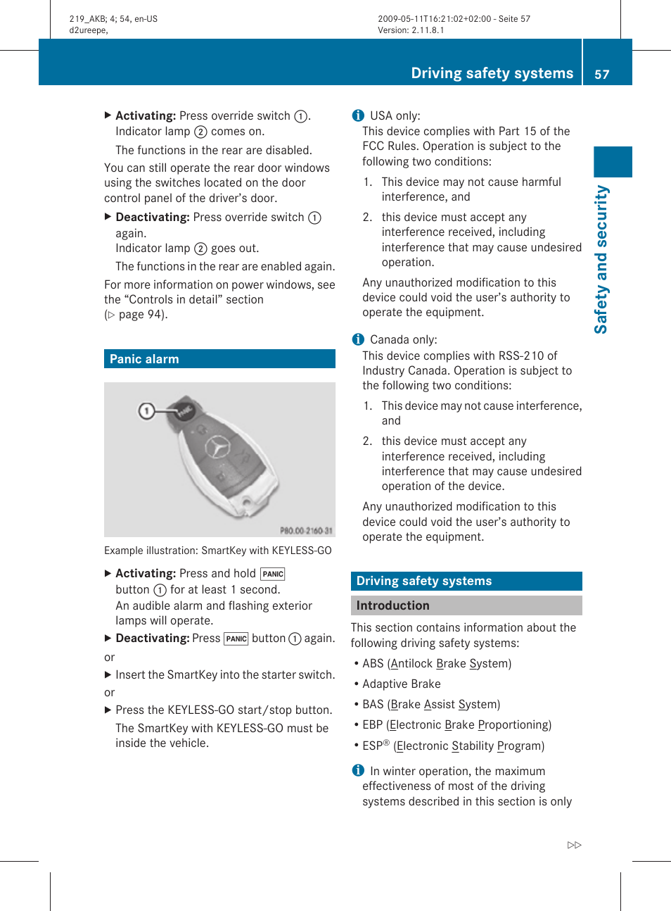 Panic alarm, Driving safety systems, Introduction | Safety and security | Mercedes-Benz CLS-Class 2010 Owners Manual User Manual | Page 59 / 308