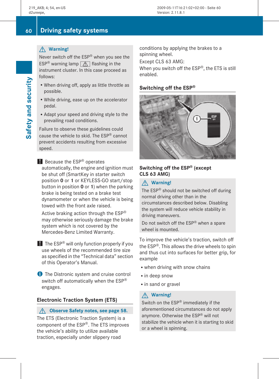 Safety and security, Driving safety systems | Mercedes-Benz CLS-Class 2010 Owners Manual User Manual | Page 62 / 308