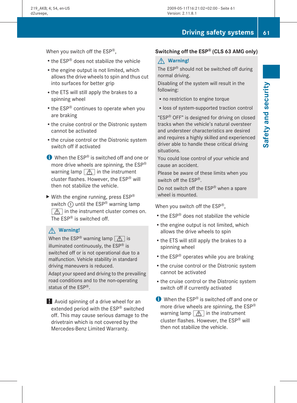 Safety and security, Driving safety systems | Mercedes-Benz CLS-Class 2010 Owners Manual User Manual | Page 63 / 308