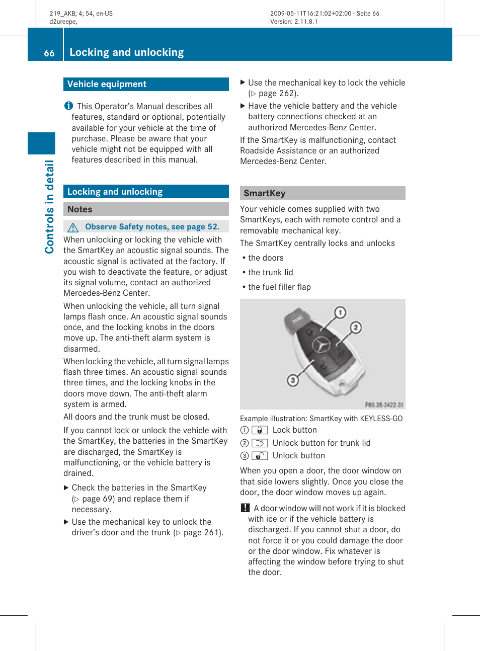 Controls in detail, Vehicle equipment, Locking and unlocking | Notes, Smartkey | Mercedes-Benz CLS-Class 2010 Owners Manual User Manual | Page 68 / 308
