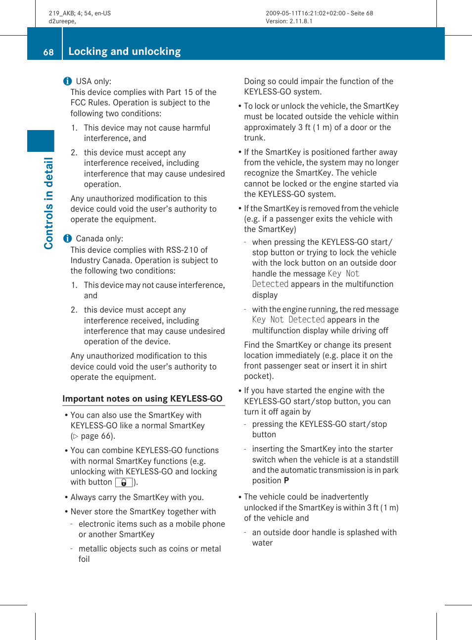 Controls in detail, Locking and unlocking | Mercedes-Benz CLS-Class 2010 Owners Manual User Manual | Page 70 / 308