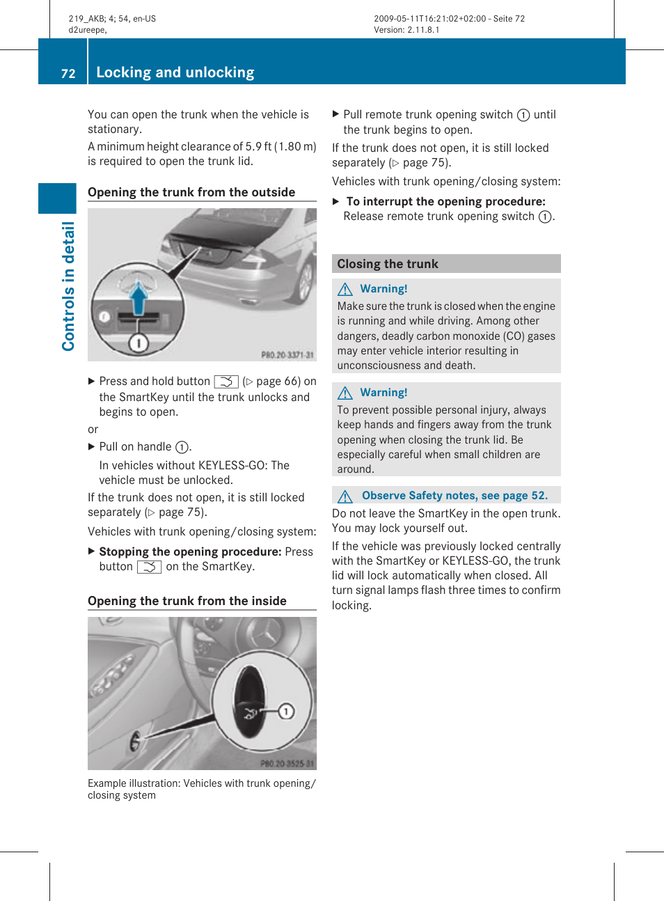 Closing the trunk, Controls in detail, Locking and unlocking | Mercedes-Benz CLS-Class 2010 Owners Manual User Manual | Page 74 / 308