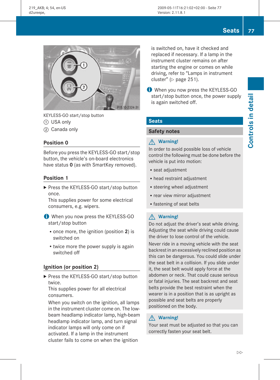 Seats, Safety notes, Controls in detail | Mercedes-Benz CLS-Class 2010 Owners Manual User Manual | Page 79 / 308