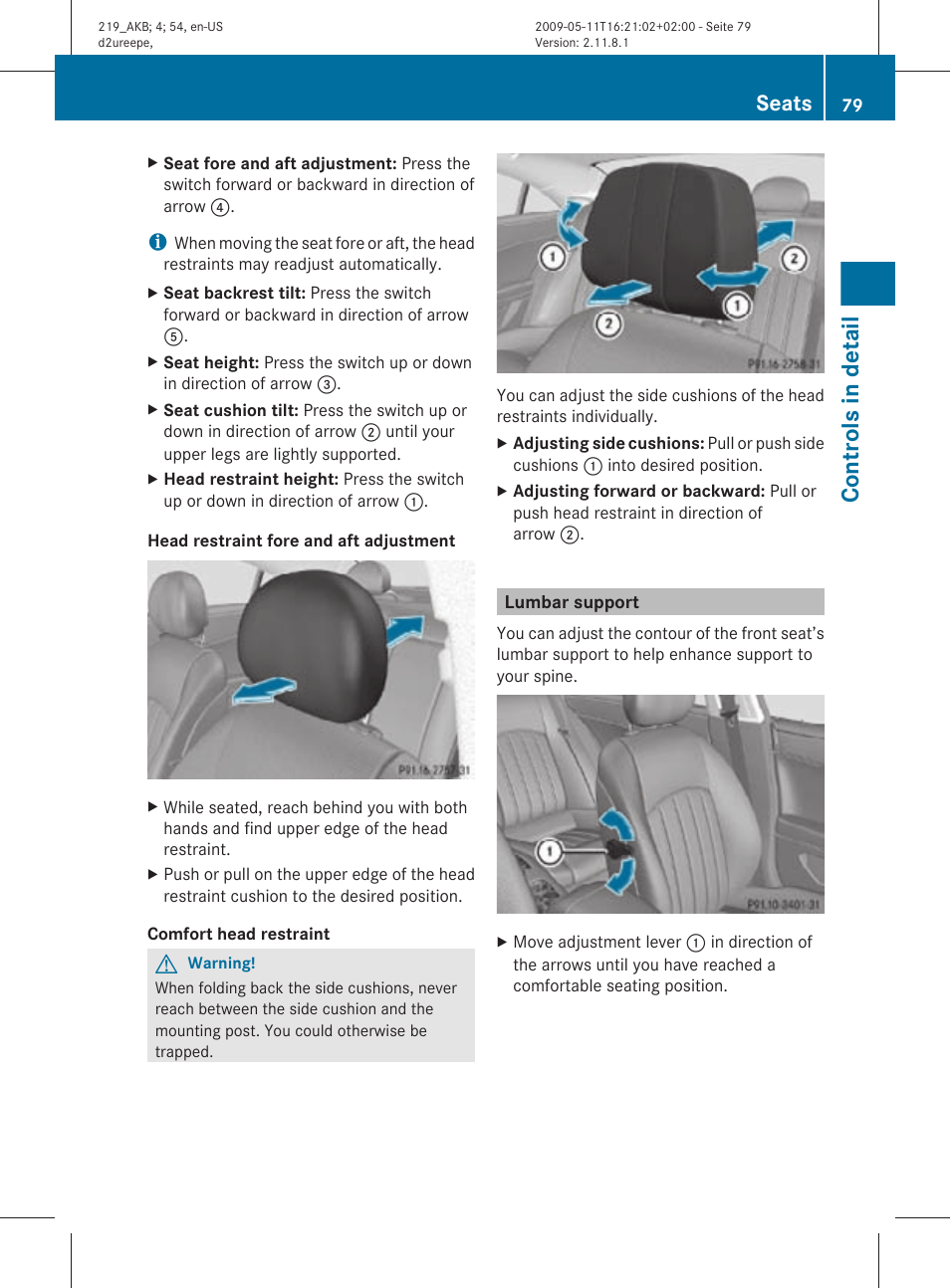 Lumbar support, See “head restraint height, Controls in detail | Seats | Mercedes-Benz CLS-Class 2010 Owners Manual User Manual | Page 81 / 308
