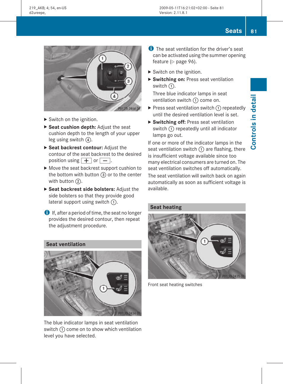 Seat ventilation, Seat heating, Controls in detail | Seats | Mercedes-Benz CLS-Class 2010 Owners Manual User Manual | Page 83 / 308