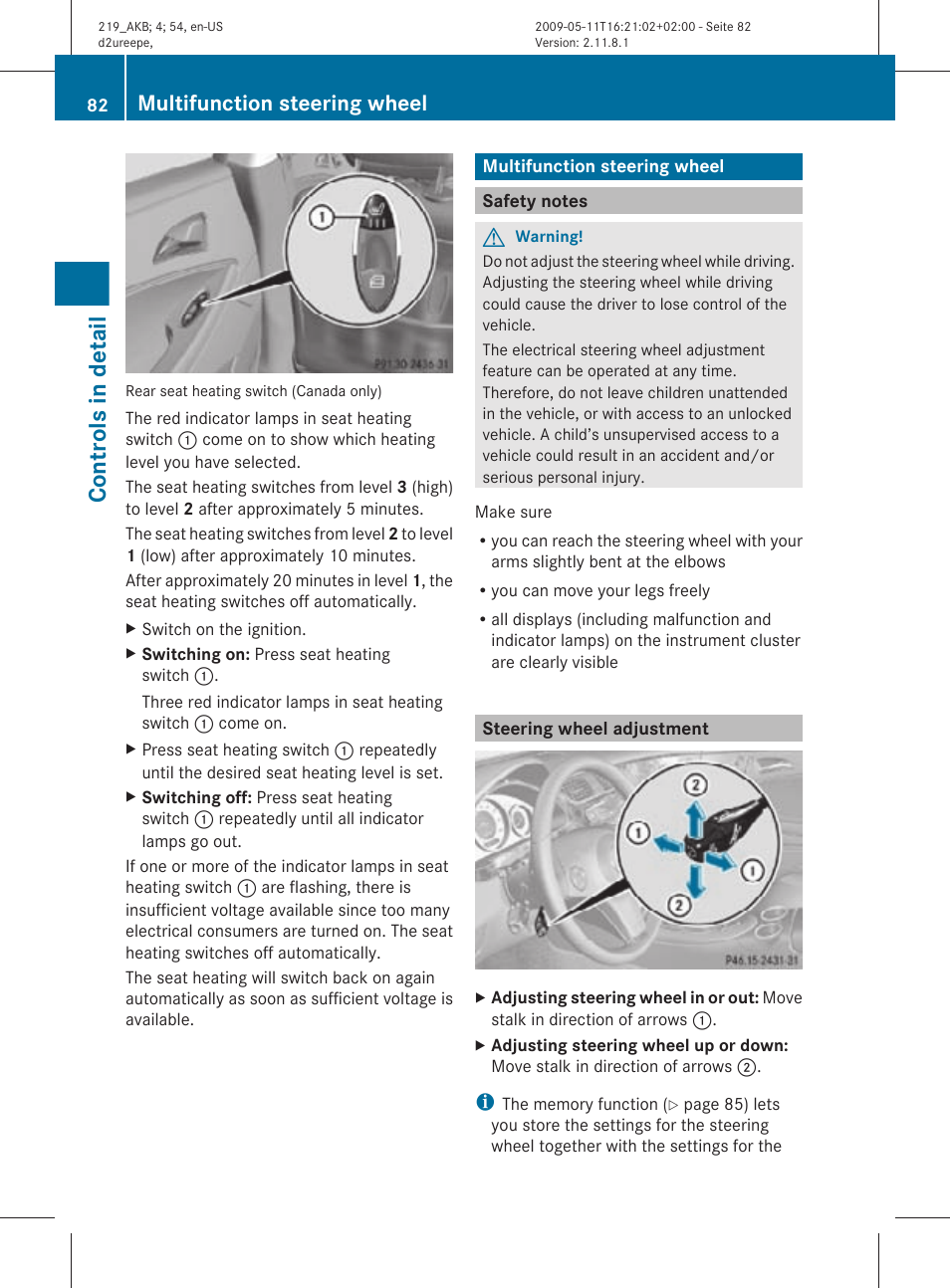 Multifunction steering wheel, Safety notes, Steering wheel adjustment | Controls in detail | Mercedes-Benz CLS-Class 2010 Owners Manual User Manual | Page 84 / 308