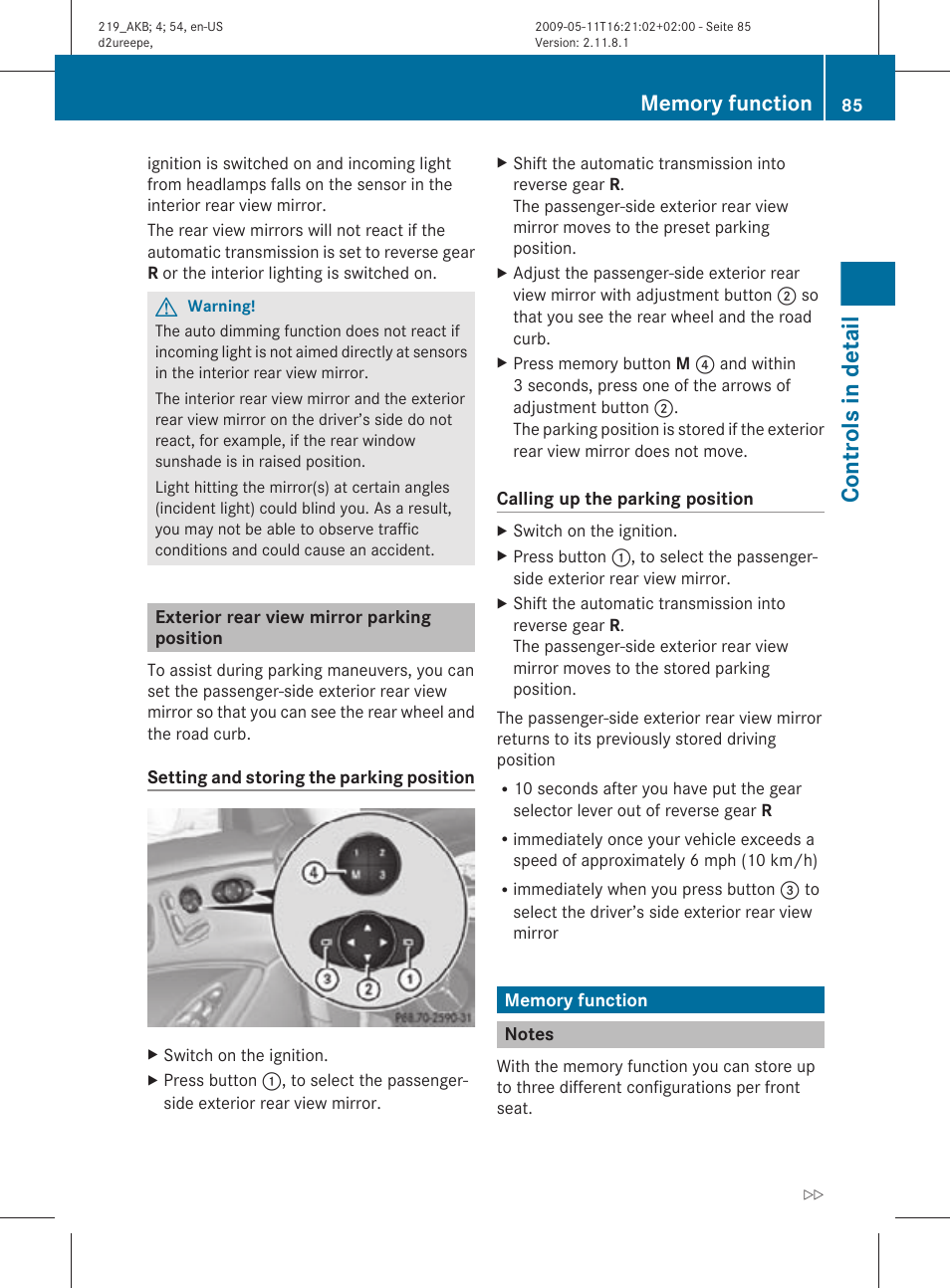 Exterior rear view mirror parking position, Memory function, Notes | Function, Controls in detail | Mercedes-Benz CLS-Class 2010 Owners Manual User Manual | Page 87 / 308