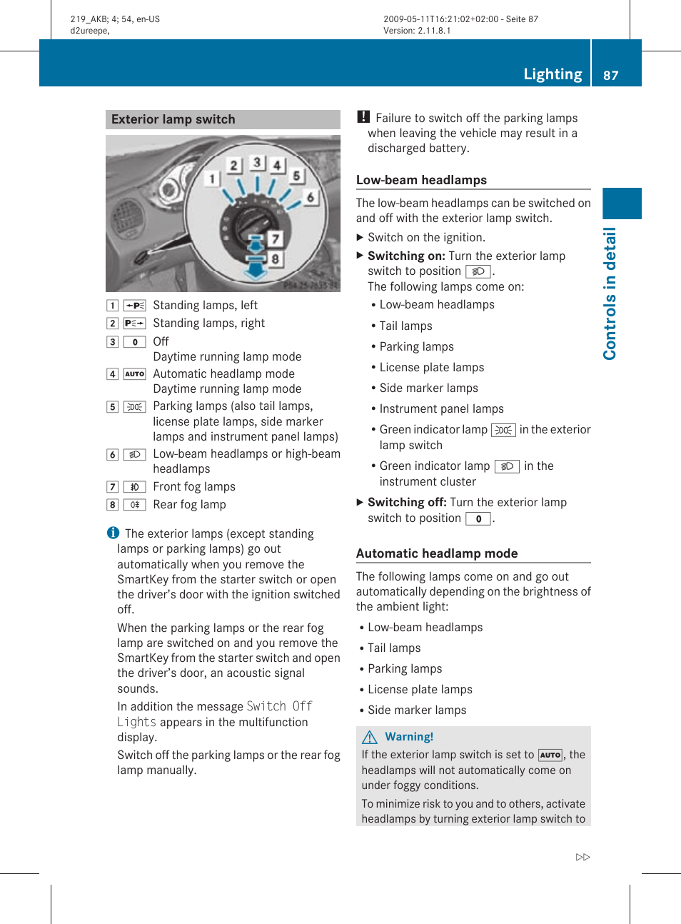 Exterior lamp switch, Controls in detail, Lighting | Mercedes-Benz CLS-Class 2010 Owners Manual User Manual | Page 89 / 308