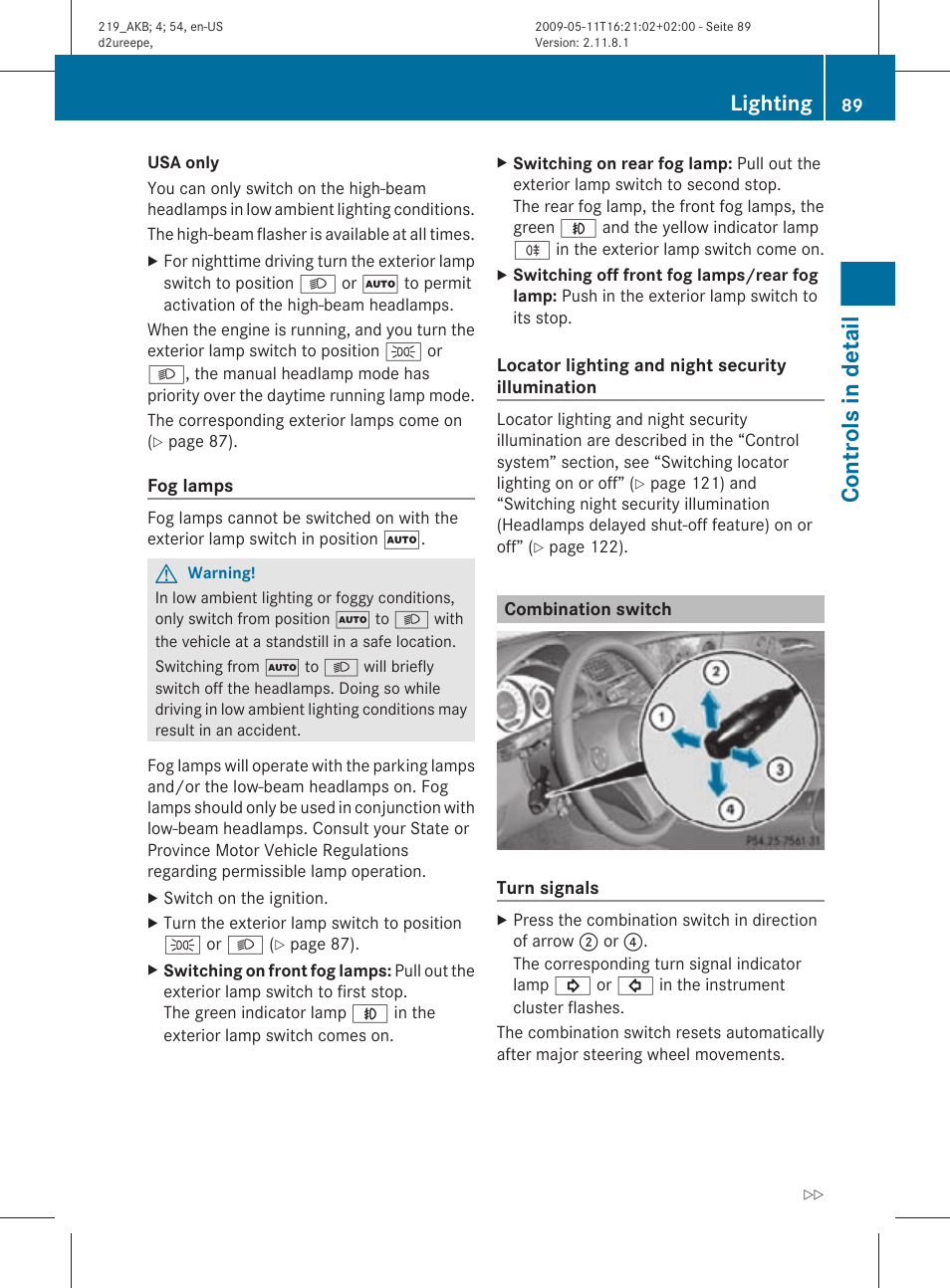 Combination switch, Controls in detail, Lighting | Mercedes-Benz CLS-Class 2010 Owners Manual User Manual | Page 91 / 308