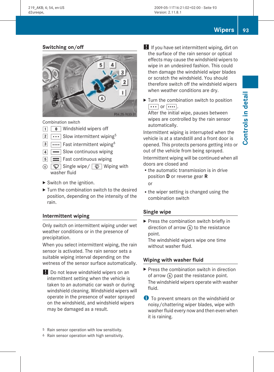 Controls in detail, Wipers | Mercedes-Benz CLS-Class 2010 Owners Manual User Manual | Page 95 / 308