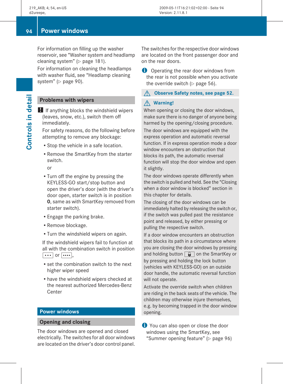 Problems with wipers, Power windows, Opening and closing | Controls in detail | Mercedes-Benz CLS-Class 2010 Owners Manual User Manual | Page 96 / 308