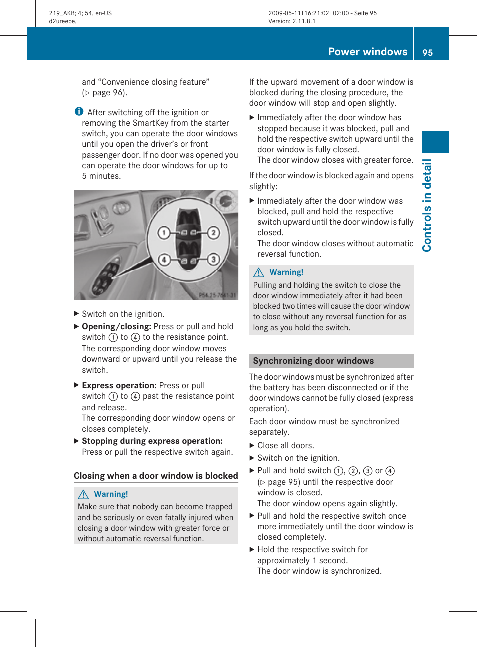Synchronizing door windows, Controls in detail, Power windows | Mercedes-Benz CLS-Class 2010 Owners Manual User Manual | Page 97 / 308