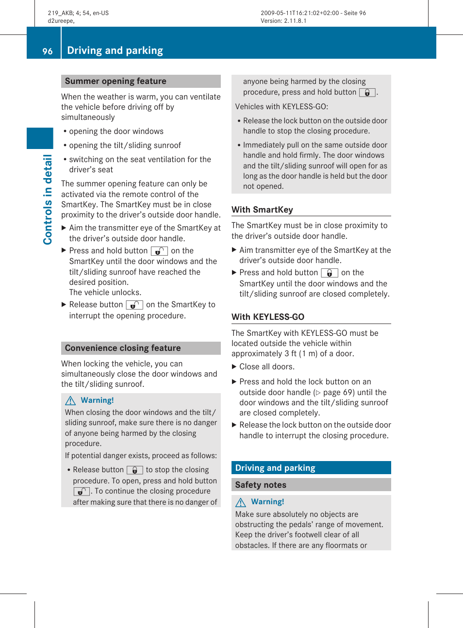 Summer opening feature, Convenience closing feature, Driving and parking | Safety notes, Controls in detail | Mercedes-Benz CLS-Class 2010 Owners Manual User Manual | Page 98 / 308