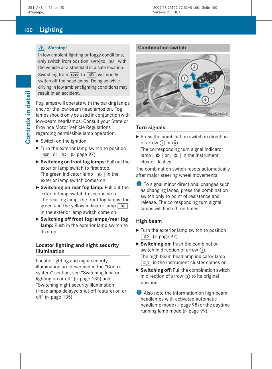 Combination switch, Controls in detail, Lighting | Mercedes-Benz R-Class 2010 Owners Manual User Manual | Page 102 / 364
