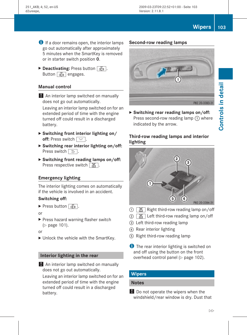 Interior lighting in the rear, Wipers, Notes | Controls in detail | Mercedes-Benz R-Class 2010 Owners Manual User Manual | Page 105 / 364