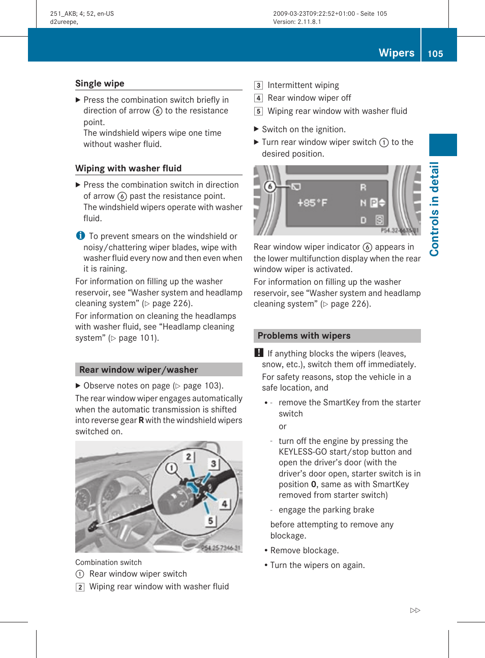Rear window wiper/washer, Problems with wipers, Controls in detail | Wipers | Mercedes-Benz R-Class 2010 Owners Manual User Manual | Page 107 / 364