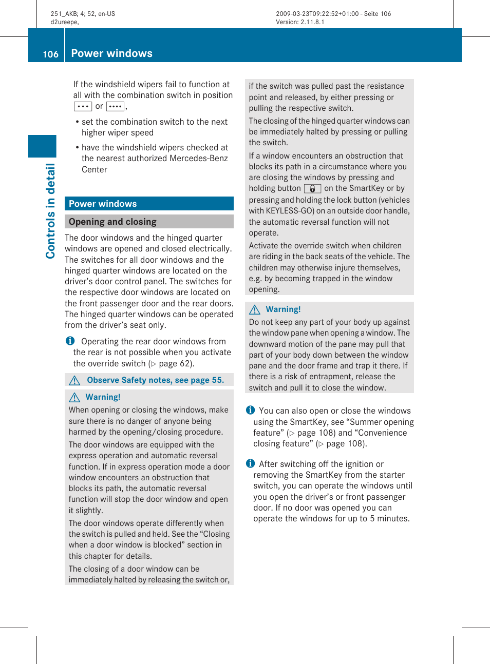 Power windows, Opening and closing, Controls in detail | Mercedes-Benz R-Class 2010 Owners Manual User Manual | Page 108 / 364