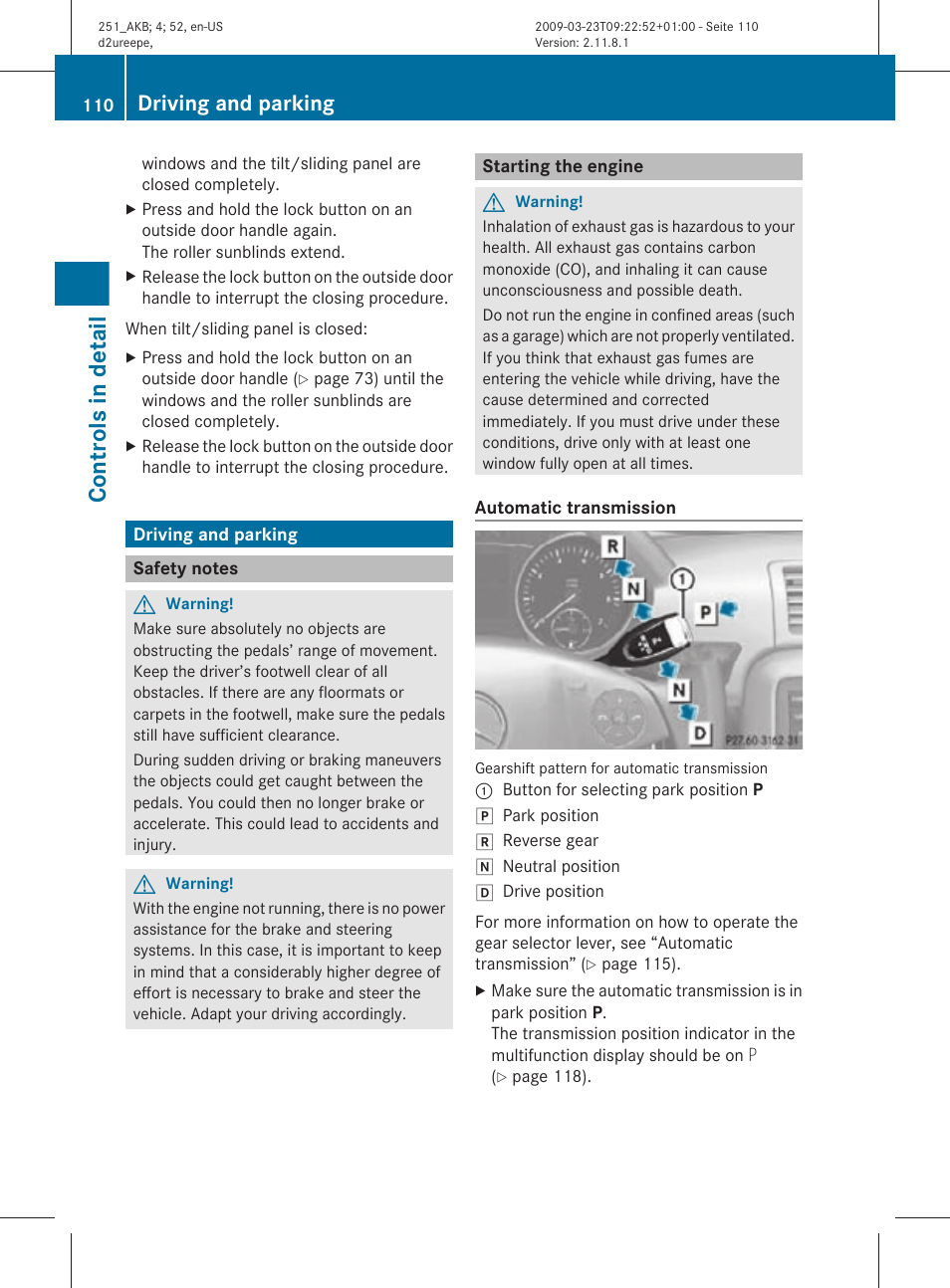 Driving and parking, Safety notes, Starting the engine | Controls in detail | Mercedes-Benz R-Class 2010 Owners Manual User Manual | Page 112 / 364