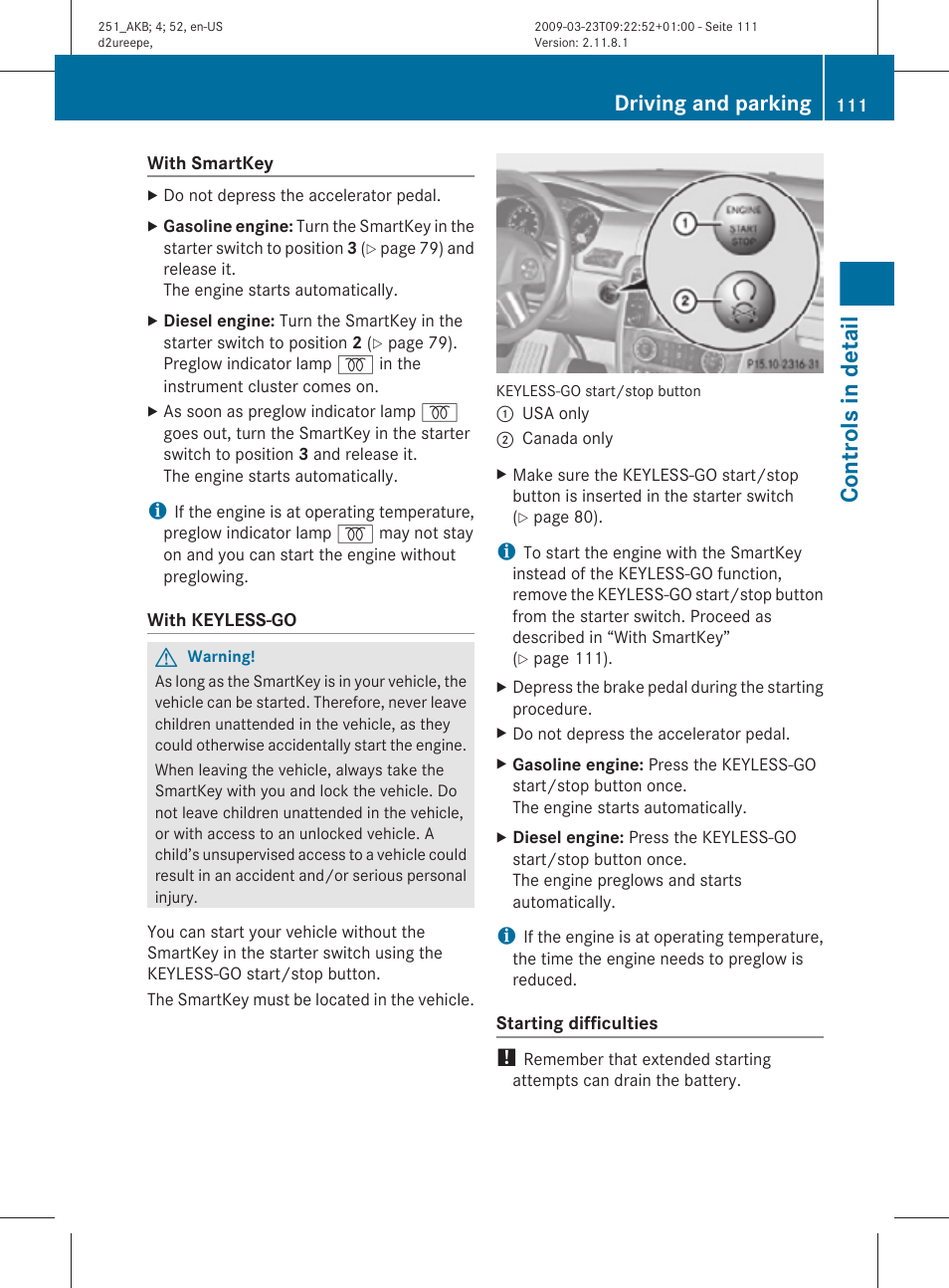 Controls in detail, Driving and parking | Mercedes-Benz R-Class 2010 Owners Manual User Manual | Page 113 / 364