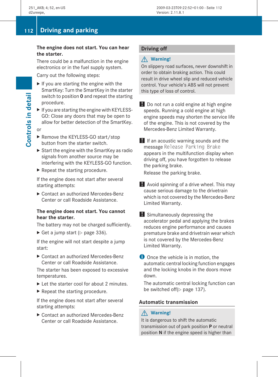 Driving off, Controls in detail, Driving and parking | Mercedes-Benz R-Class 2010 Owners Manual User Manual | Page 114 / 364
