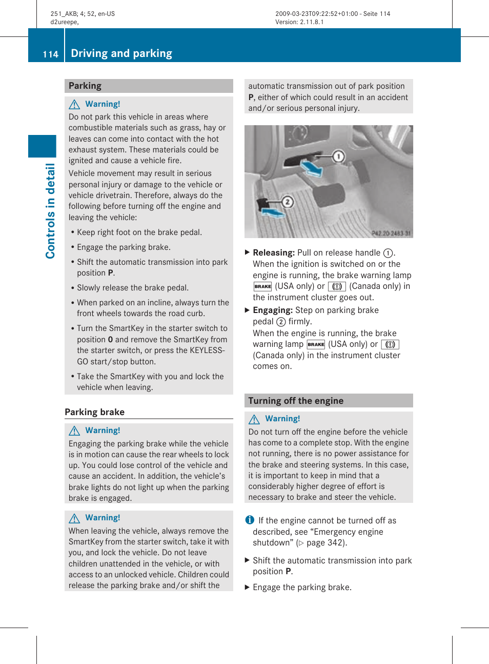 Parking, Turning off the engine, Controls in detail | Driving and parking | Mercedes-Benz R-Class 2010 Owners Manual User Manual | Page 116 / 364