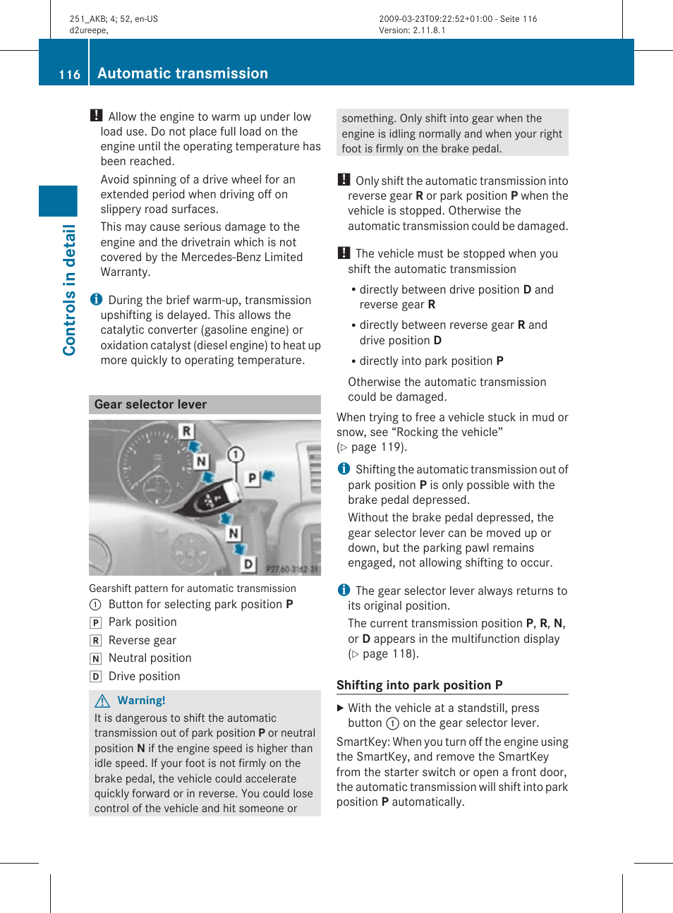 Gear selector lever, Controls in detail, Automatic transmission | Mercedes-Benz R-Class 2010 Owners Manual User Manual | Page 118 / 364