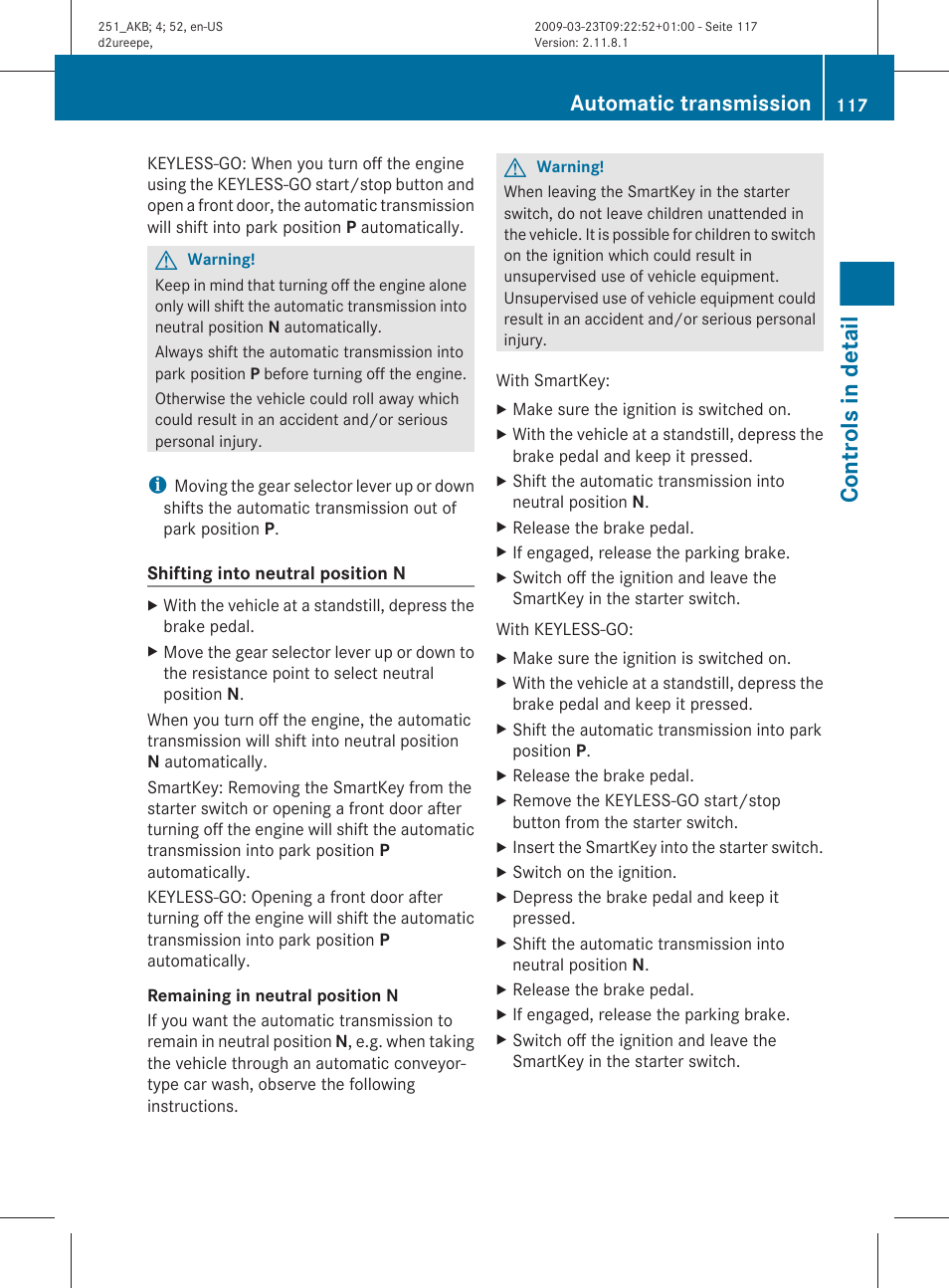 Controls in detail, Automatic transmission | Mercedes-Benz R-Class 2010 Owners Manual User Manual | Page 119 / 364