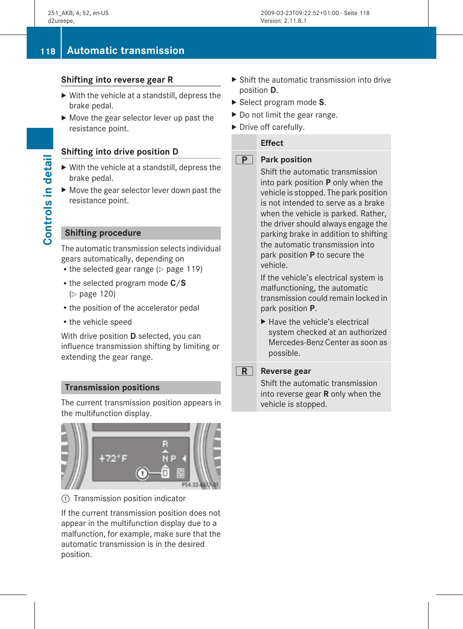 Shifting procedure, Transmission positions, Controls in detail | Automatic transmission | Mercedes-Benz R-Class 2010 Owners Manual User Manual | Page 120 / 364
