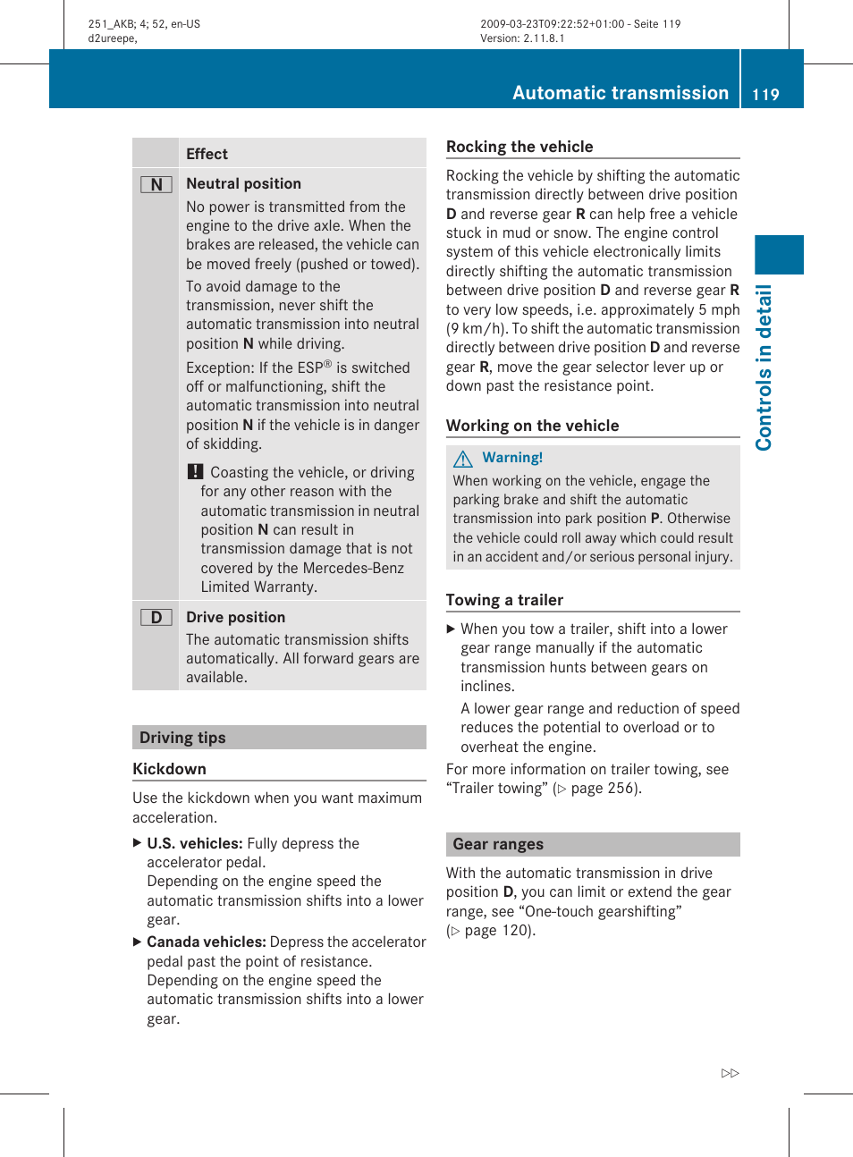 Driving tips, Gear ranges, The selected gear range | Controls in detail, Automatic transmission | Mercedes-Benz R-Class 2010 Owners Manual User Manual | Page 121 / 364