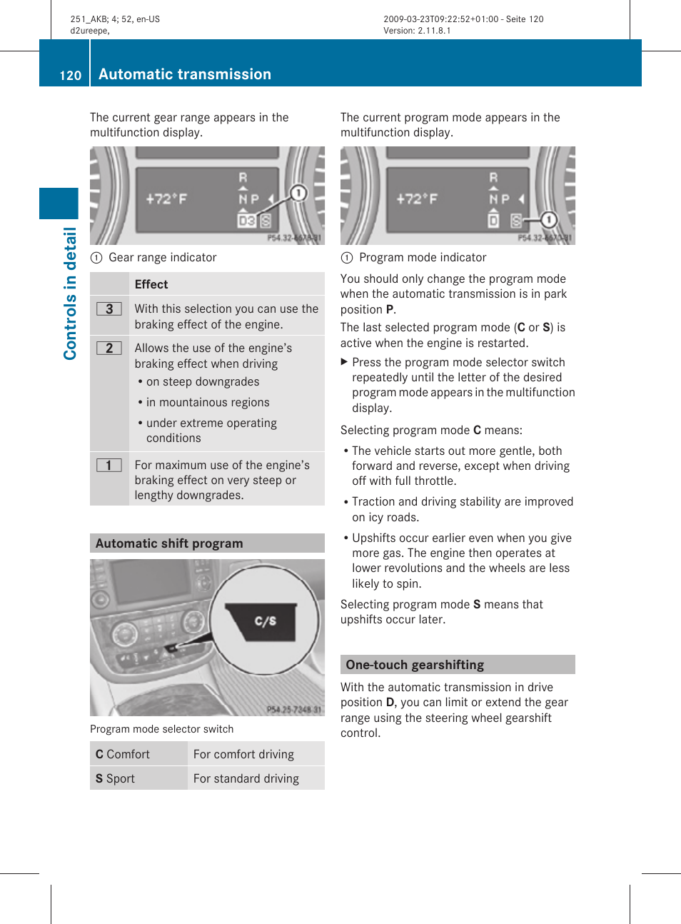 Automatic shift program, One-touch gearshifting, Controls in detail | Automatic transmission | Mercedes-Benz R-Class 2010 Owners Manual User Manual | Page 122 / 364