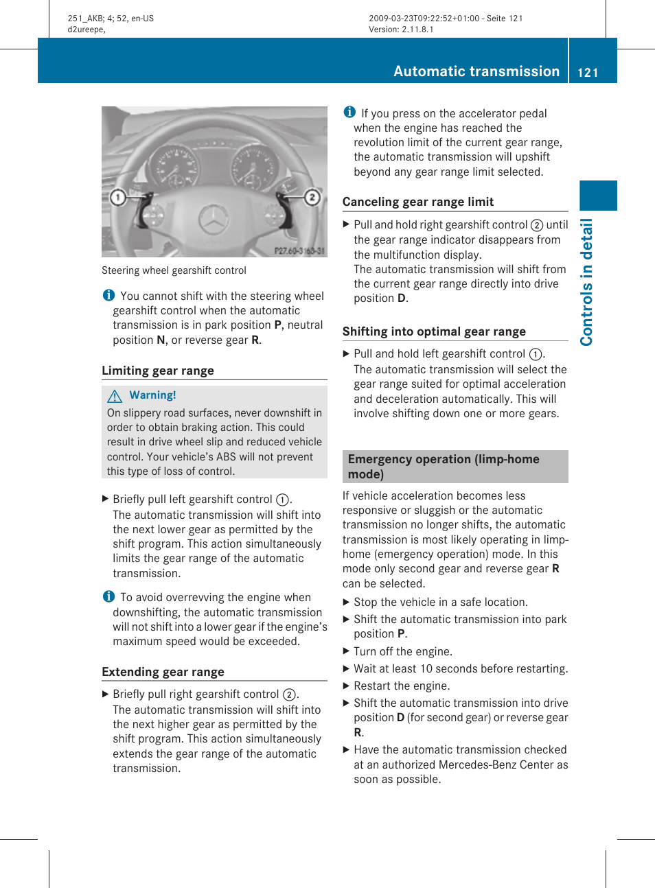 Emergency operation (limp-home mode), Controls in detail, Automatic transmission | Mercedes-Benz R-Class 2010 Owners Manual User Manual | Page 123 / 364