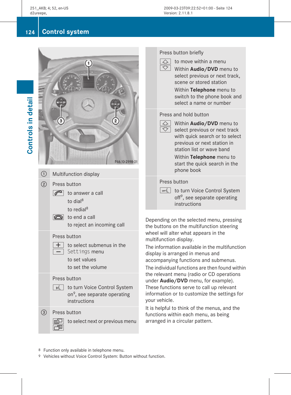 Controls in detail, Control system | Mercedes-Benz R-Class 2010 Owners Manual User Manual | Page 126 / 364
