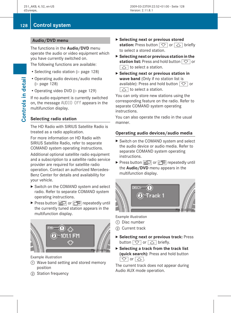 Audio/dvd menu, Menu, Controls in detail | Control system | Mercedes-Benz R-Class 2010 Owners Manual User Manual | Page 130 / 364