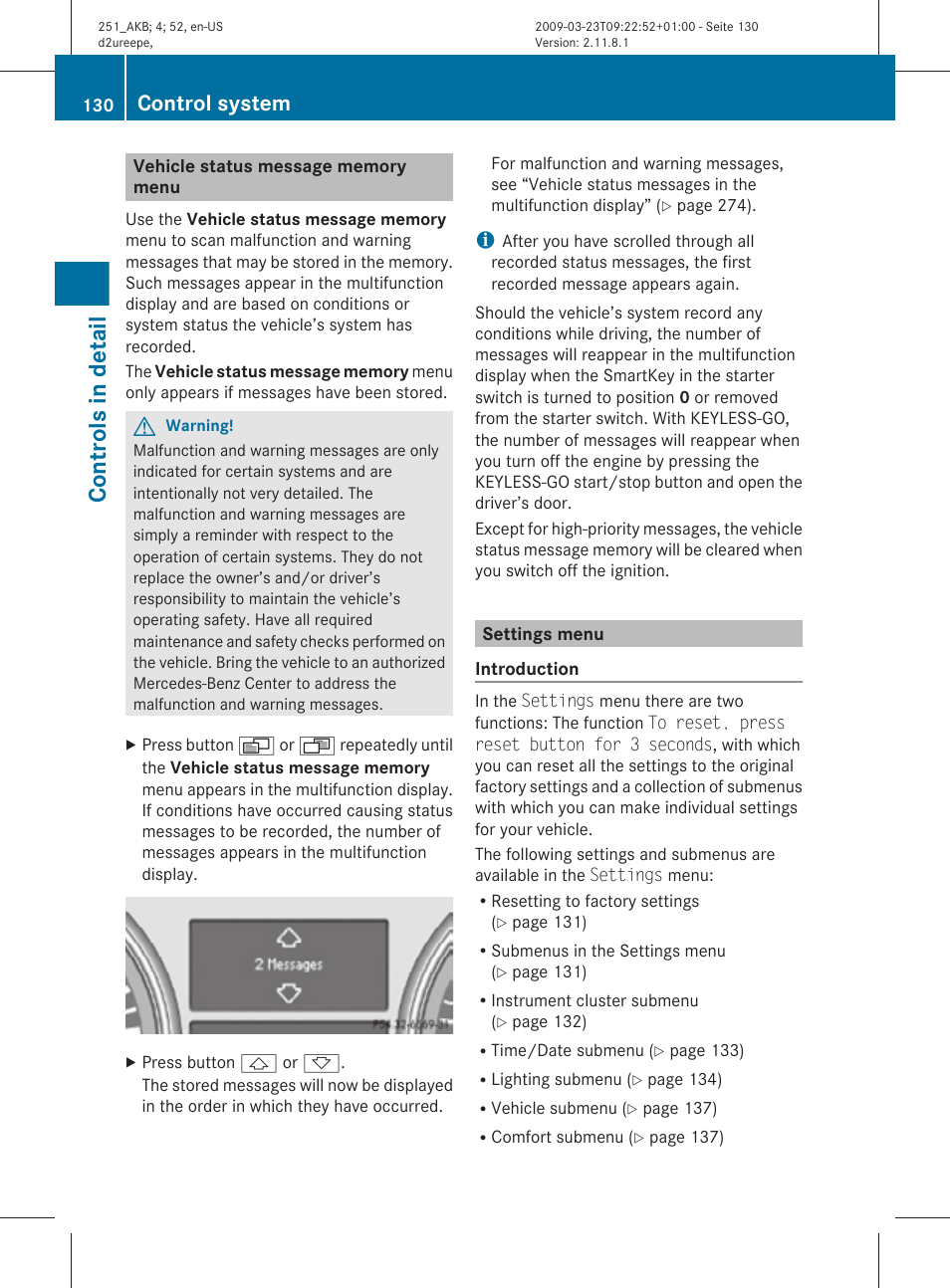 Vehicle status message memory menu, Settings menu, Menu | Controls in detail, Control system | Mercedes-Benz R-Class 2010 Owners Manual User Manual | Page 132 / 364