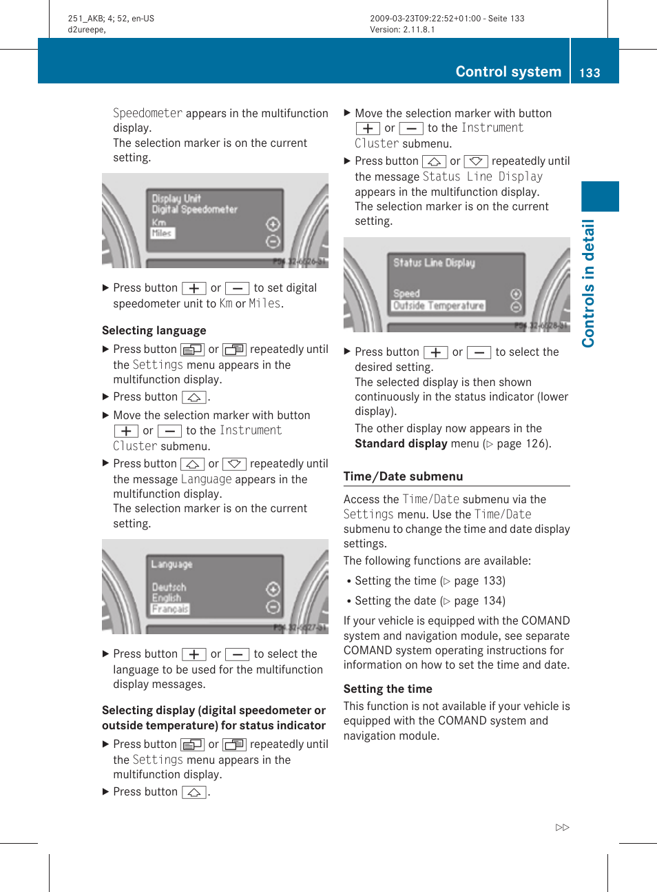 Time/date submenu, Selecting language, Controls in detail | Control system | Mercedes-Benz R-Class 2010 Owners Manual User Manual | Page 135 / 364