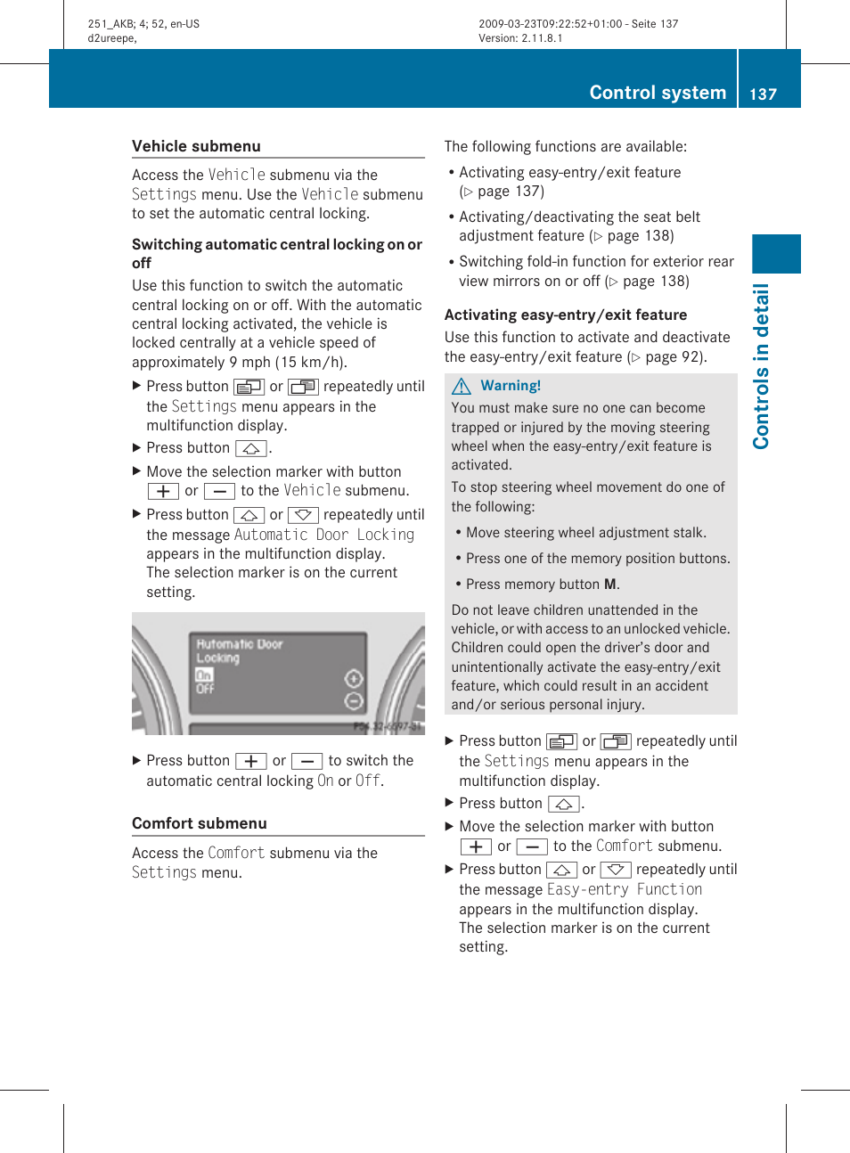 System, Control system, Be switched off | Comfort submenu, Controls in detail | Mercedes-Benz R-Class 2010 Owners Manual User Manual | Page 139 / 364
