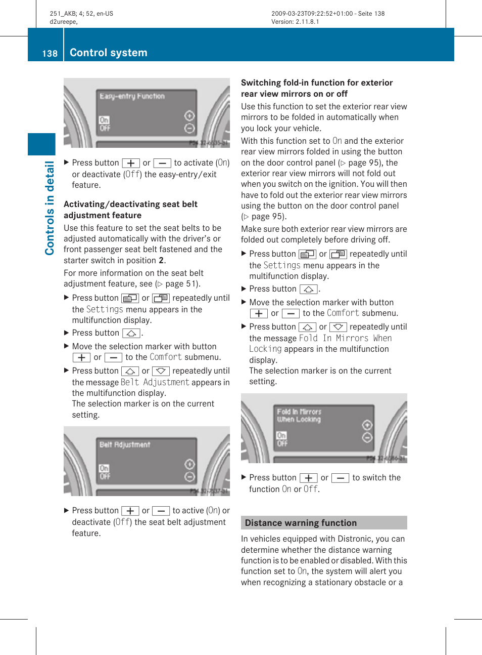 Distance warning function, The convenience submenu, Control system is activated | Adjustment feature, View mirrors on or off, Controls in detail, Control system | Mercedes-Benz R-Class 2010 Owners Manual User Manual | Page 140 / 364