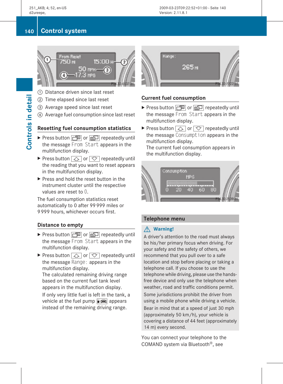 Telephone menu, Menu, Distance to empty | Current fuel consumption, Controls in detail, Control system | Mercedes-Benz R-Class 2010 Owners Manual User Manual | Page 142 / 364