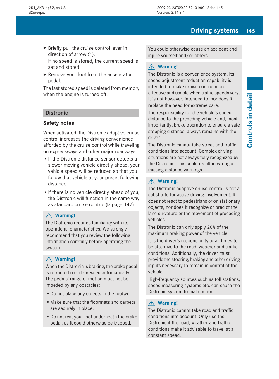 Distronic, Of this manual, Controls in detail | Driving systems | Mercedes-Benz R-Class 2010 Owners Manual User Manual | Page 147 / 364