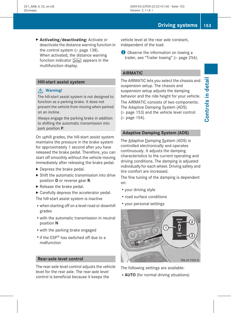 Hill-start assist system, Rear-axle level control, Airmatic | Adaptive damping system (ads), Controls in detail, Driving systems | Mercedes-Benz R-Class 2010 Owners Manual User Manual | Page 155 / 364