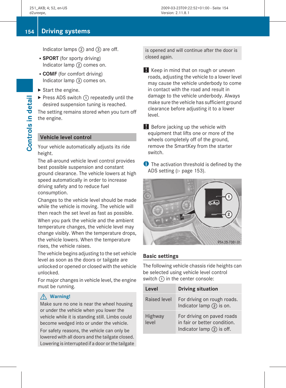 Vehicle level control, Controls in detail, Driving systems | Mercedes-Benz R-Class 2010 Owners Manual User Manual | Page 156 / 364